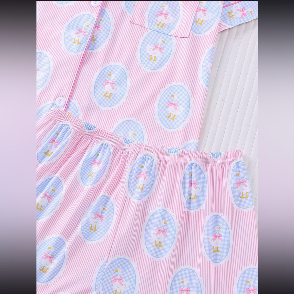 Pink Short Sleeve Swan Bowknot Oval Vintage Print Lounge Pajama Set New - Picture 11 of 13